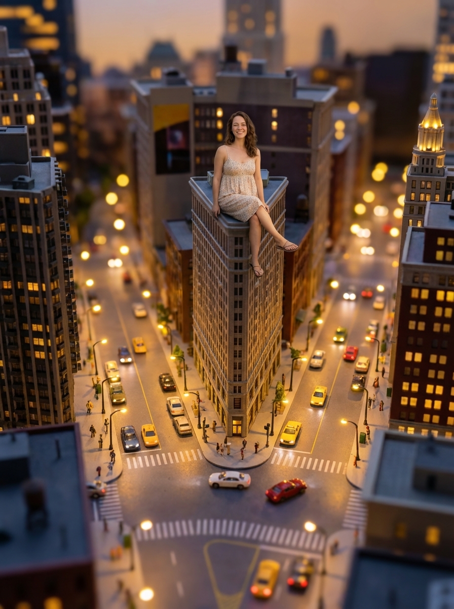 A Miniature World (Tilt-Shift): The user is reimagined as a "giant" figure placed within a hyper-realistic miniature diorama, using a tilt-shift photography effect.