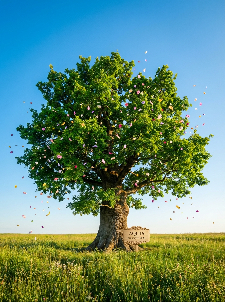 Eco-Sentinel: Living AQI Tree: A surreal landscape where the health and color of a majestic tree change based on the live Air Quality Index (AQI) of a specific city.