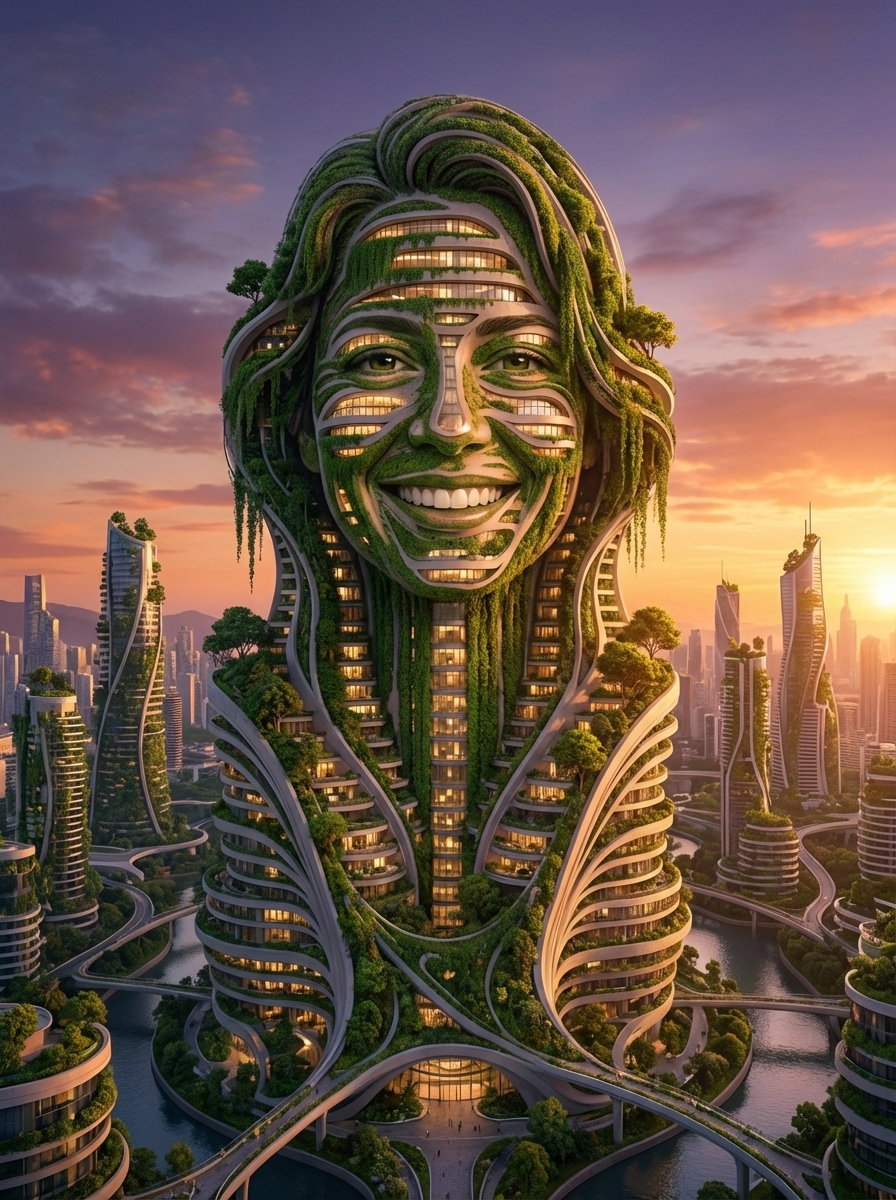 Architectural Fusion: A futuristic skyscraper designed with organic architecture that subtly forms the user's facial structure, covered in plants.