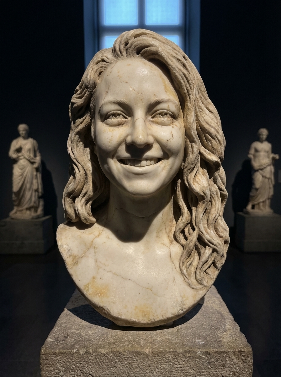 Museum Marble Bust: The user's likeness is carved into an ancient, weathered Roman marble bust displayed in a quiet museum.