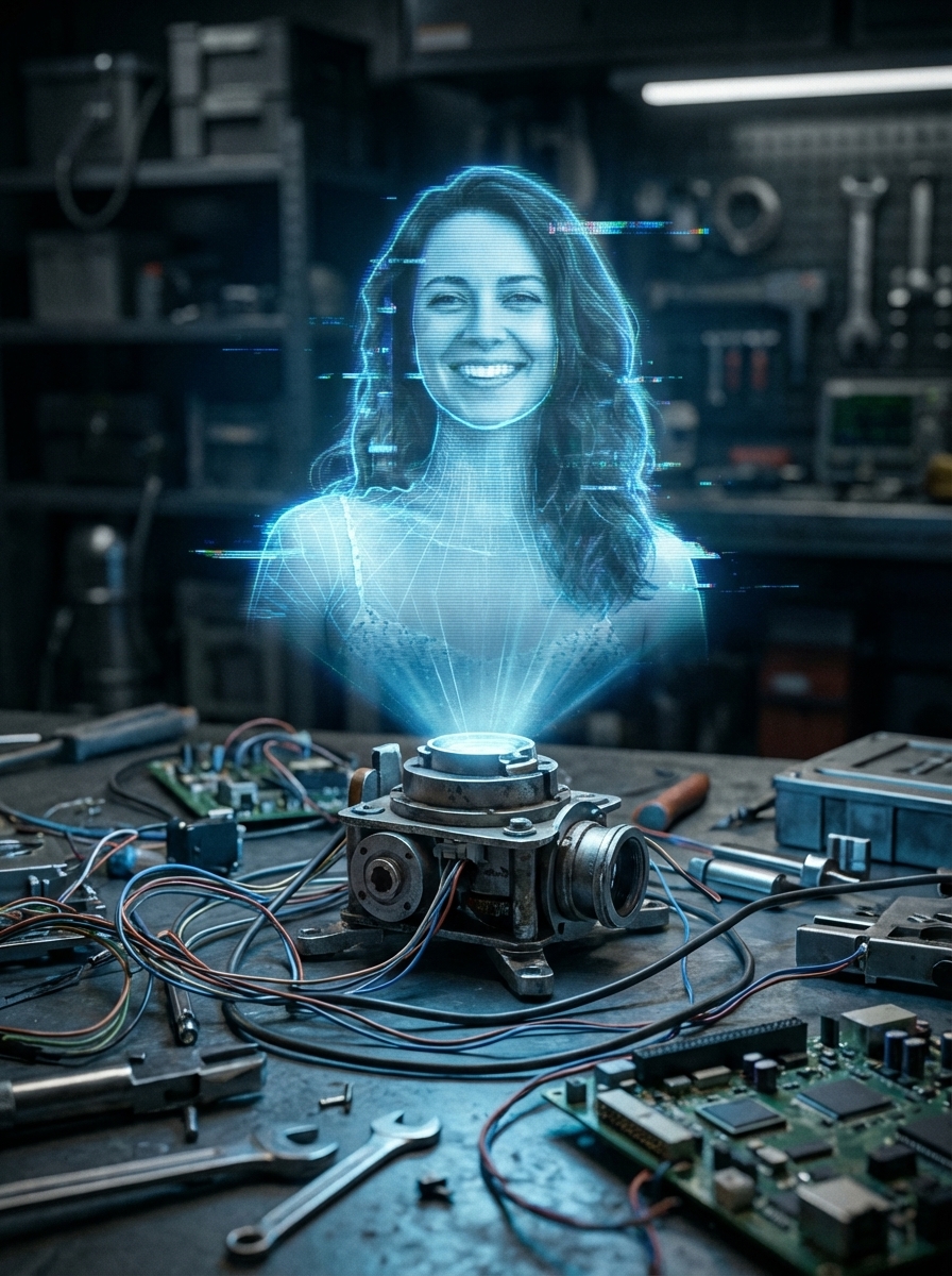 Gritty Sci-Fi Hologram: The user is projected as a flickering, translucent blue hologram from a device on a futuristic workbench.