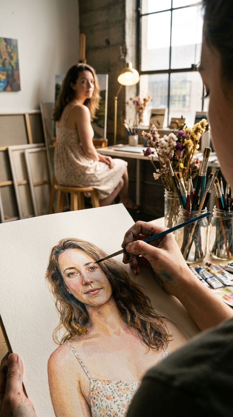 The Artist's Eye: Upload a photo and create a cinematic, "over-the-shoulder" view of an artist at work, featuring your likeness in two distinct ways: as a detailed painting in the foreground and as the living subject posing in the background. It blends high-detail realism with soft, enchanting lighting to capture the quiet, magical atmosphere of a professional art studio.