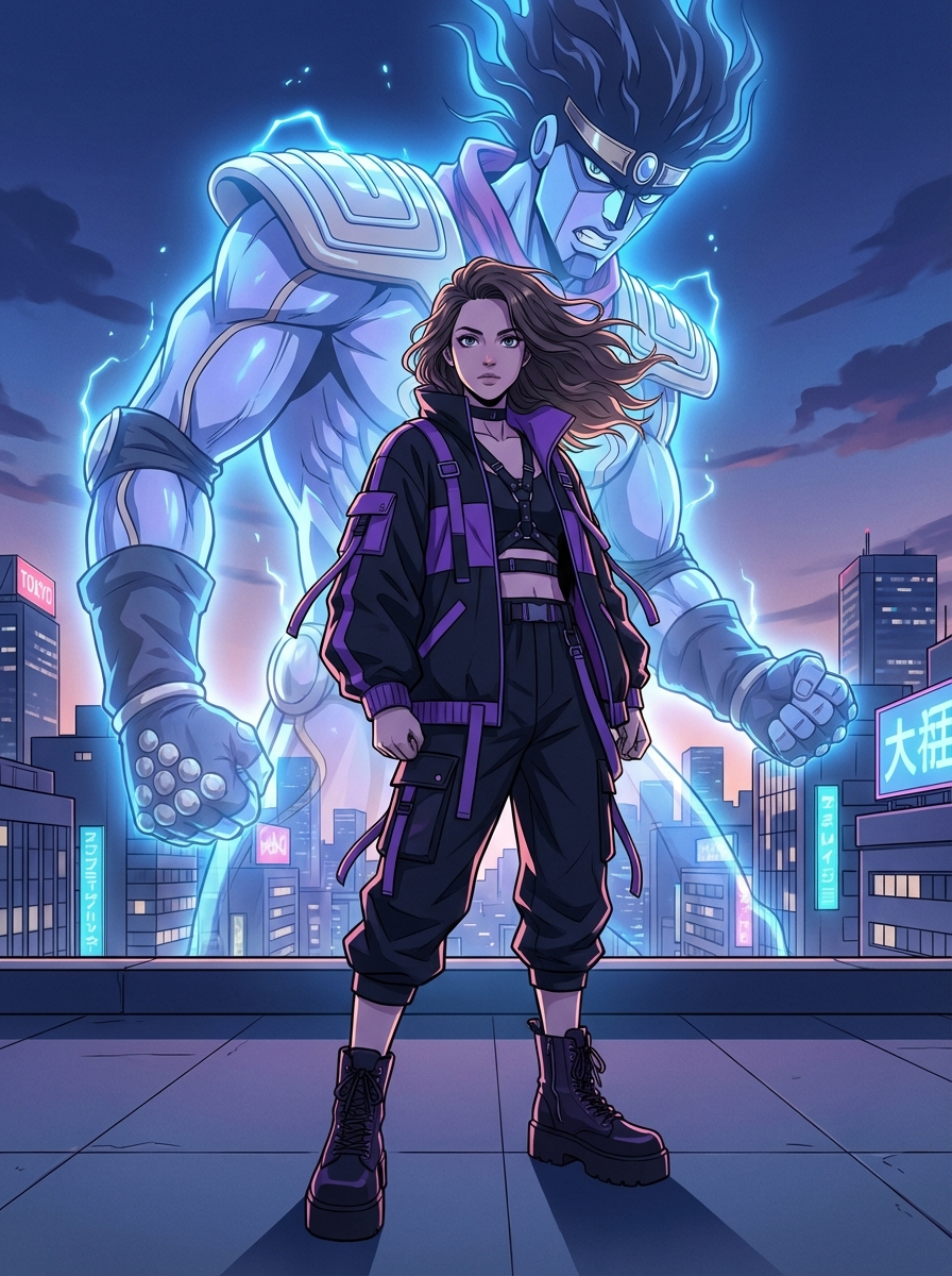 The Spectral Guardian (Summon/Stand Manifestation): Become a master of the supernatural. This prompt renders you in a stylish, "high-fashion" anime pose with a massive, ethereal guardian or spirit looming over your shoulder, creating a visually striking "duo" composition.