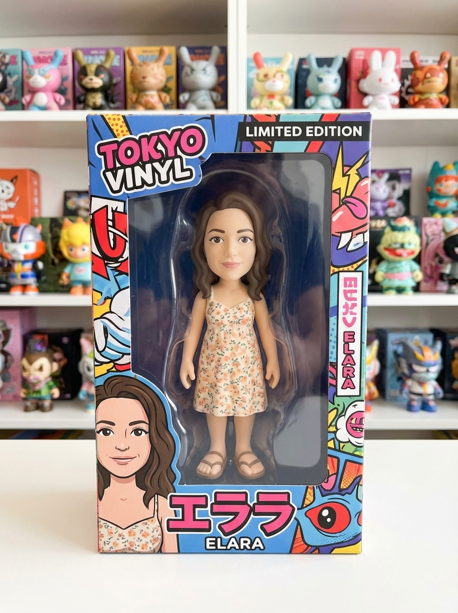 Designer Toy: The user is transformed into a high-end vinyl collectible figure, photographed inside colorful retail packaging.