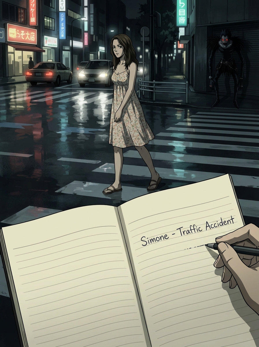 Kira's Judgment: The Death Note Entry: Experience the chilling intensity of Death Note from the first-person perspective of Kira himself. This prompt generates a POV shot where you are looking down at the Death Note as Light Yagami writes your name and cause of death, with your anime likeness visible in the background, awaiting its fate.