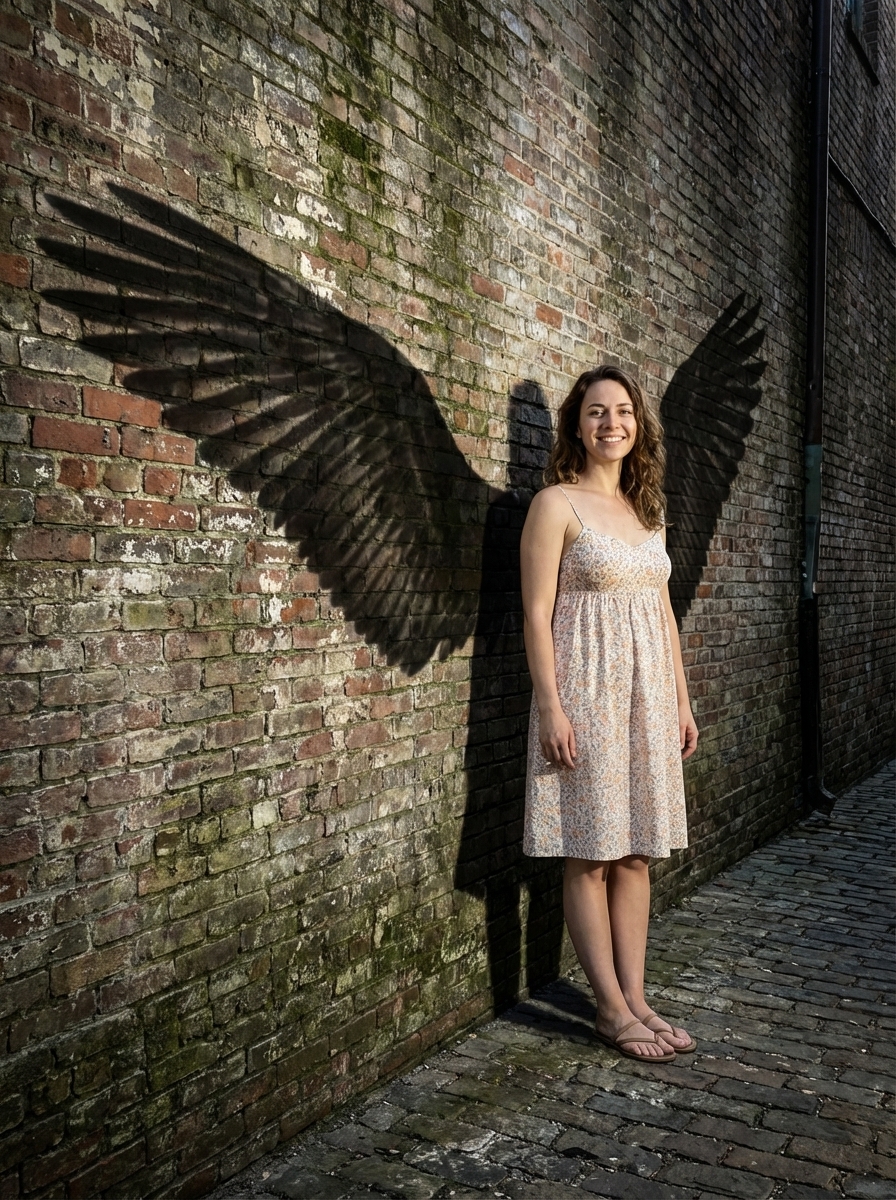 "Magical" Shadow: A realistic photo of the user standing normally, but their shadow cast on the wall has large, magical wings.