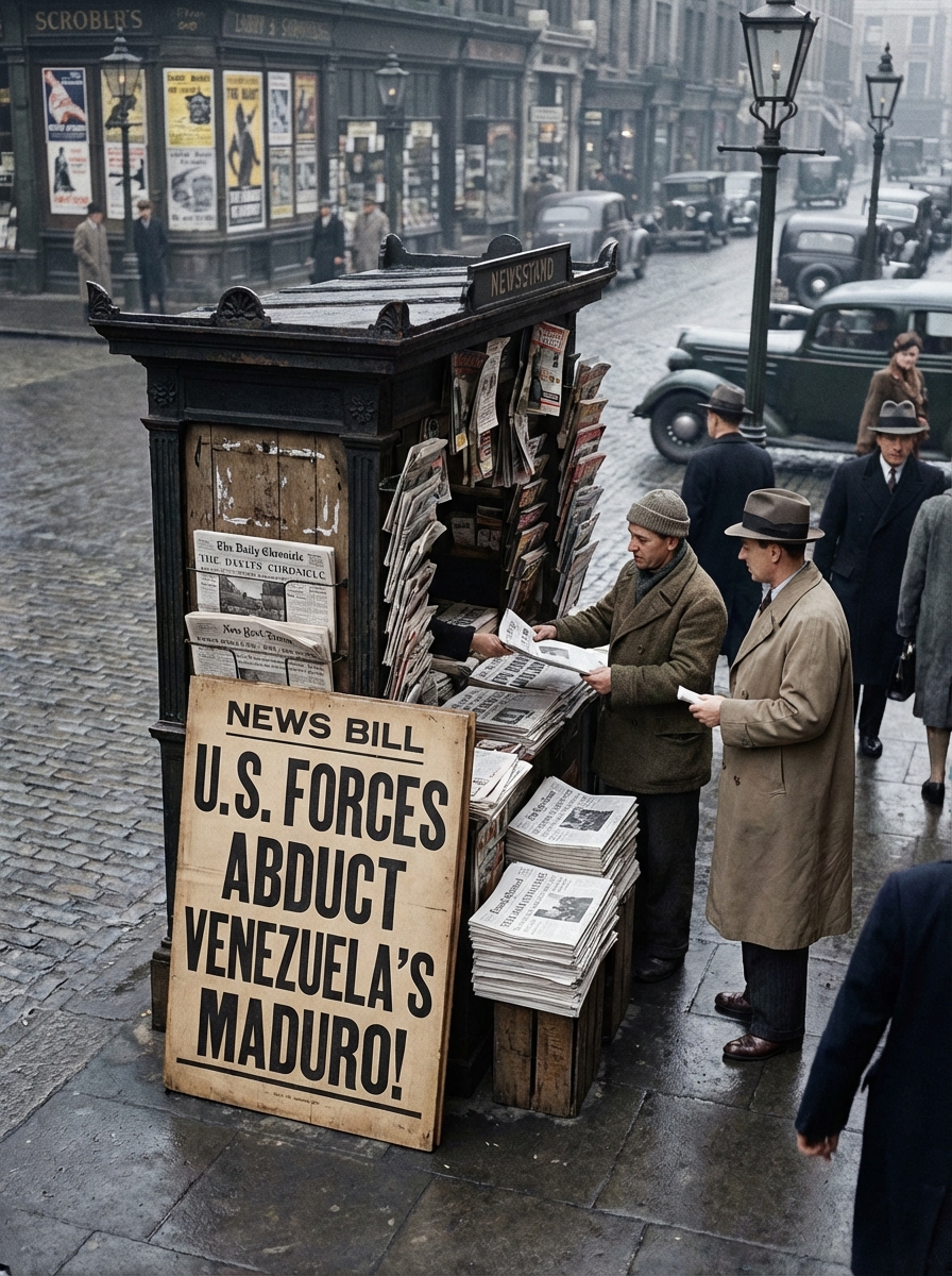 Daily Chronicle: A historical snapshot of a bustling newsstand from a specific era, where today's real-time breaking news headline is displayed on a period-appropriate printed placard.
