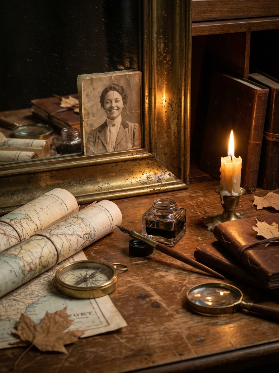 Exploring the past: The user appears in an aged, sepia-toned vintage photograph sitting on a cluttered 1940s explorer’s desk