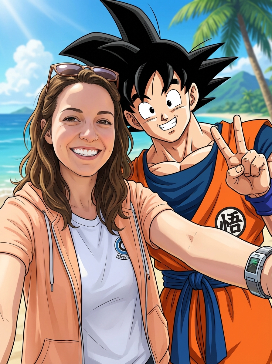 Pose with Your Icons: Create hyper-realistic, social-media-ready selfies featuring yourself and iconic anime legends. This template uses facial reference mapping to seamlessly integrate your likeness into a vibrant, cinematic anime world, perfect for high-engagement profile pictures and fan-art content.