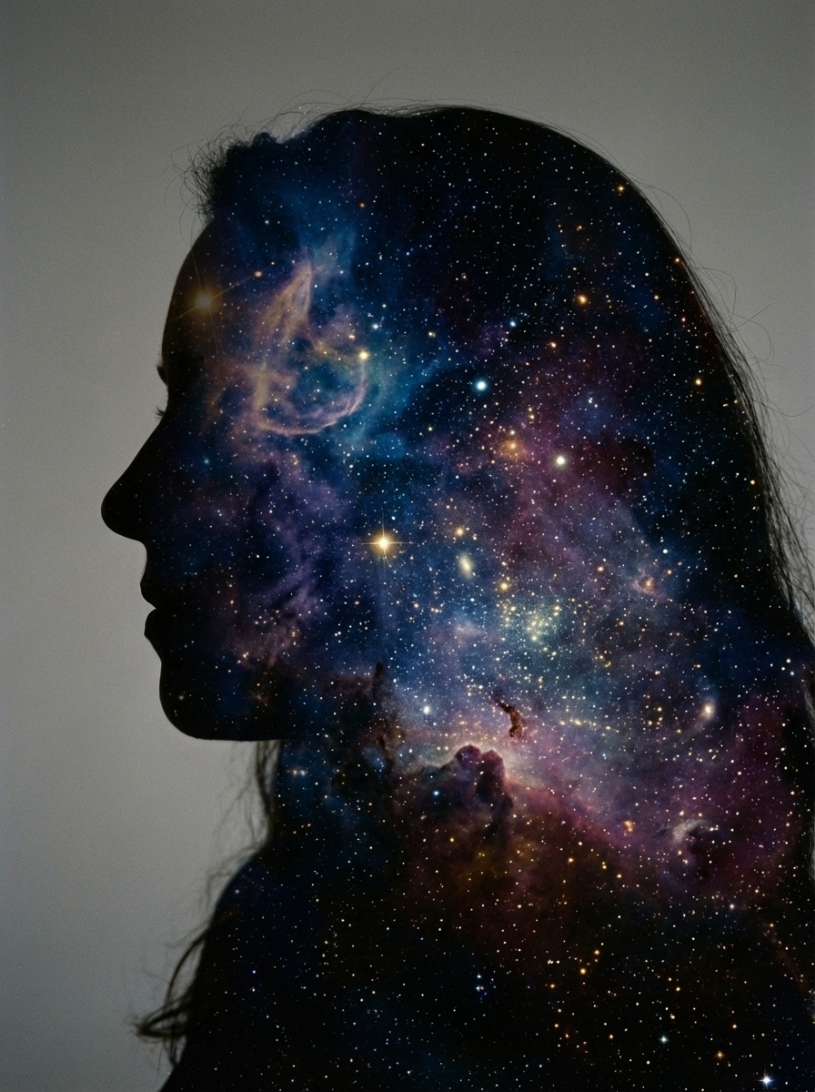 Double Exposure: A artistic profile silhouette of the user acting as a window containing a vibrant galaxy, using a double-exposure film technique.