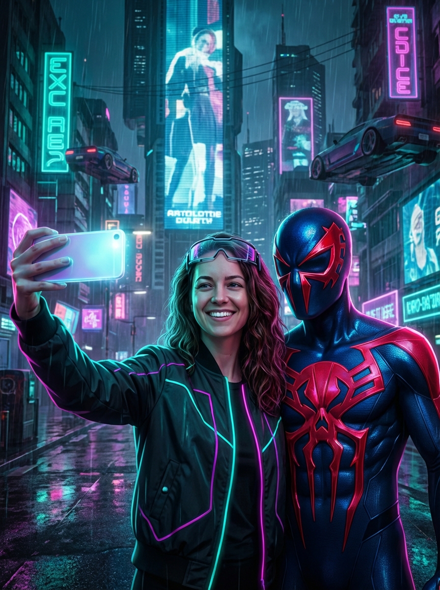Neon Night Life: Capture a high-energy, late-night selfie in a bustling neon-lit metropolis. This style emphasizes vibrant glow, reflections, and a gritty yet polished tech-noir aesthetic, perfect for futuristic character crossovers