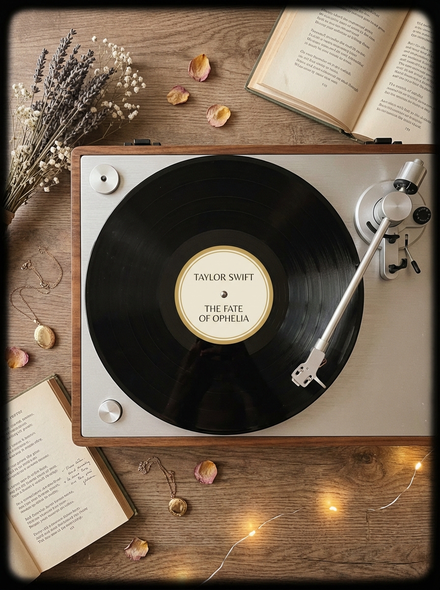 Vinyl Spin: A stylish, top-down "flat lay" photo of a record player spinning the current #1 song in the country